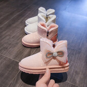 Bērnu sniega zābaki ziemas plus kašmira biezi meiteņu silti apavi Mīksta zole Pretslīdes pusaudžu āra apavi Bērnu spīdīgi priekšgala zābaki