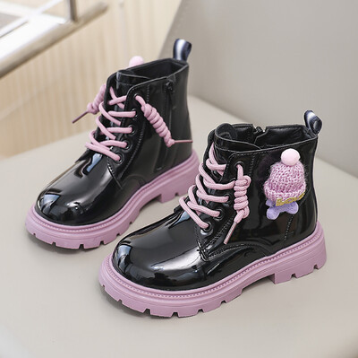 Rudens ziema bērniem Ādas zābaki Meitenes Sniega zābaki ar augstu augšdaļu Princeses sānu rāvējslēdzēja dizains Ādas apavi bērniem silti kokvilnas zābaki