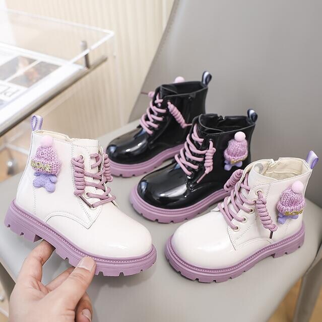 Rudens ziema bērniem Ādas zābaki Meitenes Sniega zābaki ar augstu augšdaļu Princeses sānu rāvējslēdzēja dizains Ādas apavi bērniem silti kokvilnas zābaki