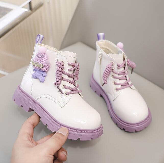 Rudens ziema bērniem Ādas zābaki Meitenes Sniega zābaki ar augstu augšdaļu Princeses sānu rāvējslēdzēja dizains Ādas apavi bērniem silti kokvilnas zābaki