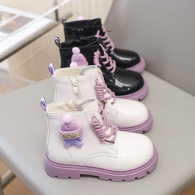 Rudens ziema bērniem Ādas zābaki Meitenes Sniega zābaki ar augstu augšdaļu Princeses sānu rāvējslēdzēja dizains Ādas apavi bērniem silti kokvilnas zābaki