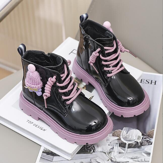 Rudens ziema bērniem Ādas zābaki Meitenes Sniega zābaki ar augstu augšdaļu Princeses sānu rāvējslēdzēja dizains Ādas apavi bērniem silti kokvilnas zābaki