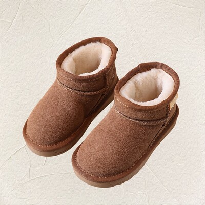 Zīmola unisex īstas ādas sniega zābaki, siltas kažokādas plīša puszābaki bērniem ziemai, pusaudžu meiteņu zēnu ziemas apavi