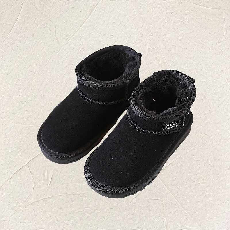 Zīmola unisex īstas ādas sniega zābaki, siltas kažokādas plīša puszābaki bērniem ziemai, pusaudžu meiteņu zēnu ziemas apavi