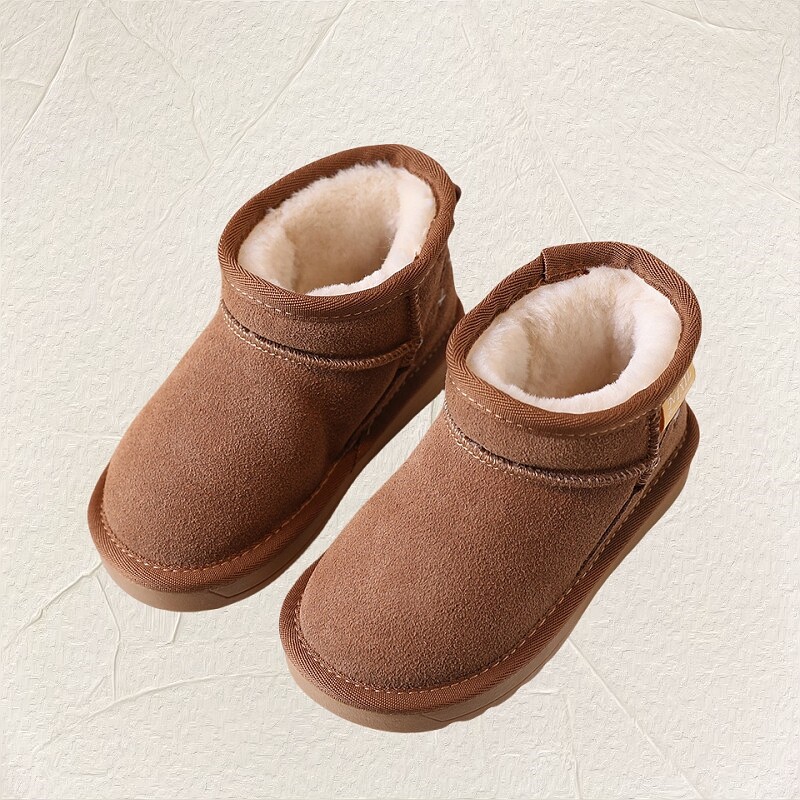 Zīmola unisex īstas ādas sniega zābaki, siltas kažokādas plīša puszābaki bērniem ziemai, pusaudžu meiteņu zēnu ziemas apavi