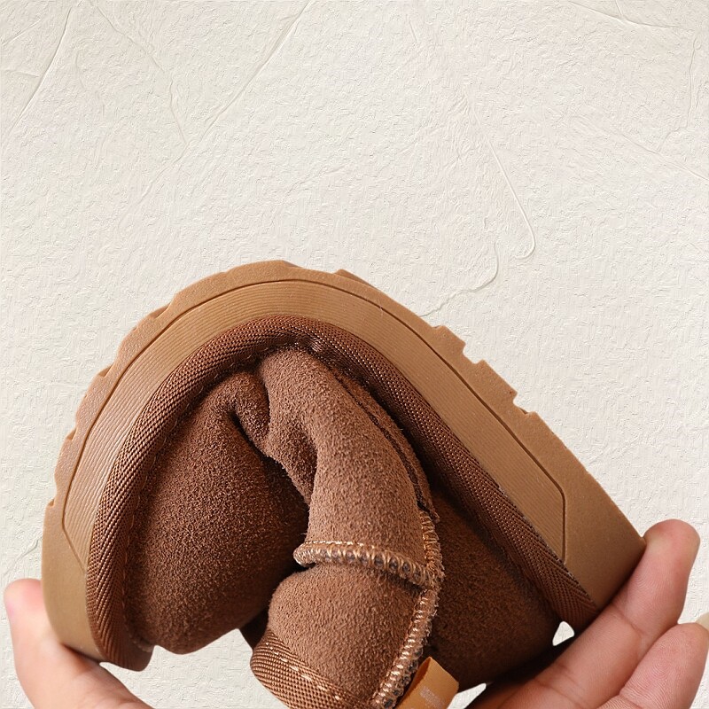 Zīmola unisex īstas ādas sniega zābaki, siltas kažokādas plīša puszābaki bērniem ziemai, pusaudžu meiteņu zēnu ziemas apavi