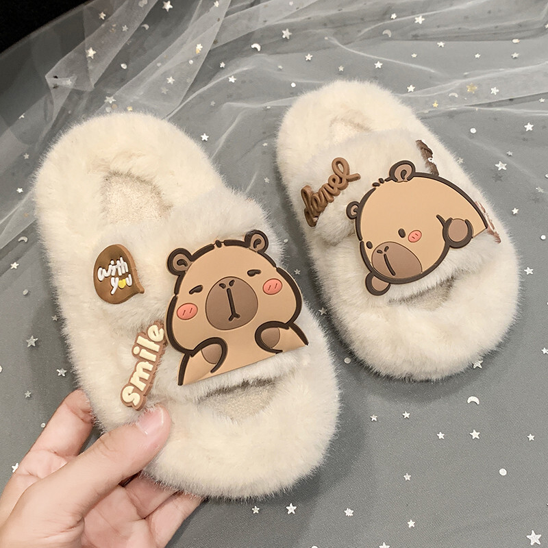 Χαριτωμένα Παιδικά Σπίτι Capybara Παντόφλες Μαλακές χνουδωτές παντόφλες για κορίτσια Ζεστές γούνινες παντόφλες Μόδα κινουμένων σχεδίων Παιδιά αγόρια Ανοιχτές βαμβακερές φλατ παπούτσια