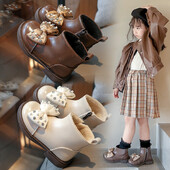 Ziemas plīša ādas zābaki Bow Rhinestone modes bērnu apavi Mīksta zole Princeses potītes zābaki Niña meiteņu zābaki