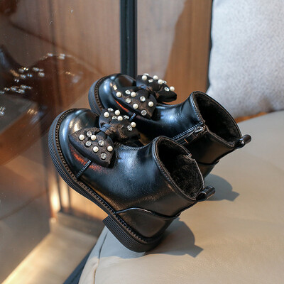 Ziemas plīša ādas zābaki Bow Rhinestone modes bērnu apavi Mīksta zole Princeses potītes zābaki Niña meiteņu zābaki