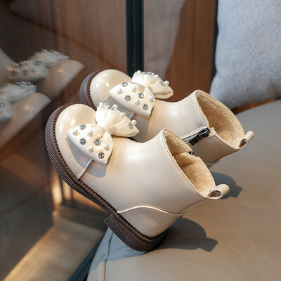 Ziemas plīša ādas zābaki Bow Rhinestone modes bērnu apavi Mīksta zole Princeses potītes zābaki Niña meiteņu zābaki