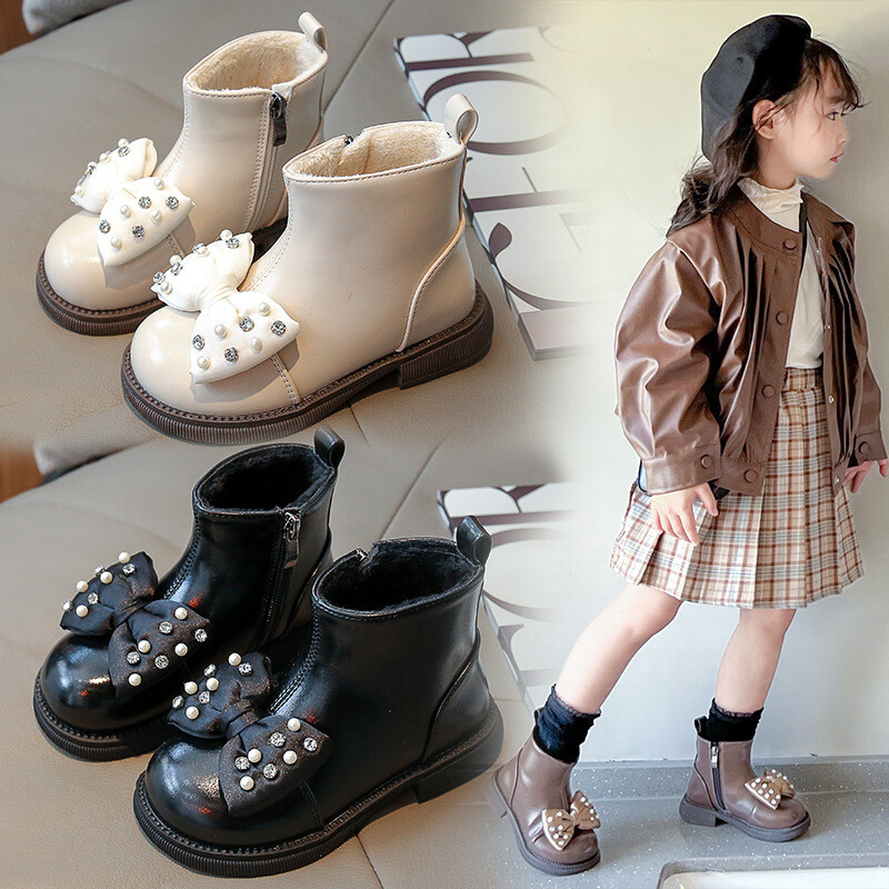 Ziemas plīša ādas zābaki Bow Rhinestone modes bērnu apavi Mīksta zole Princeses potītes zābaki Niña meiteņu zābaki