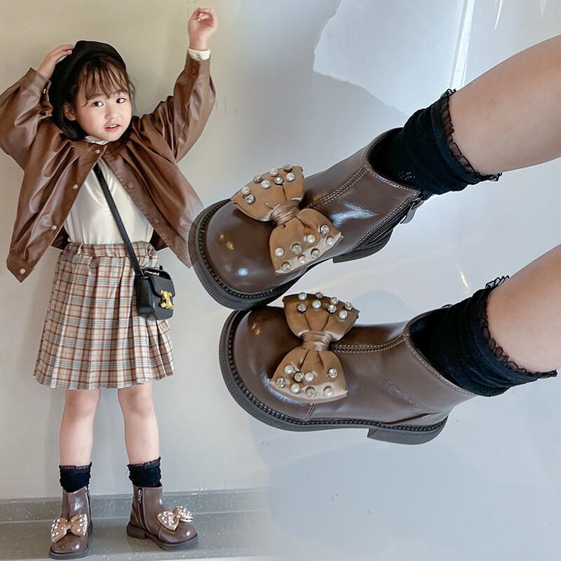 Ziemas plīša ādas zābaki Bow Rhinestone modes bērnu apavi Mīksta zole Princeses potītes zābaki Niña meiteņu zābaki