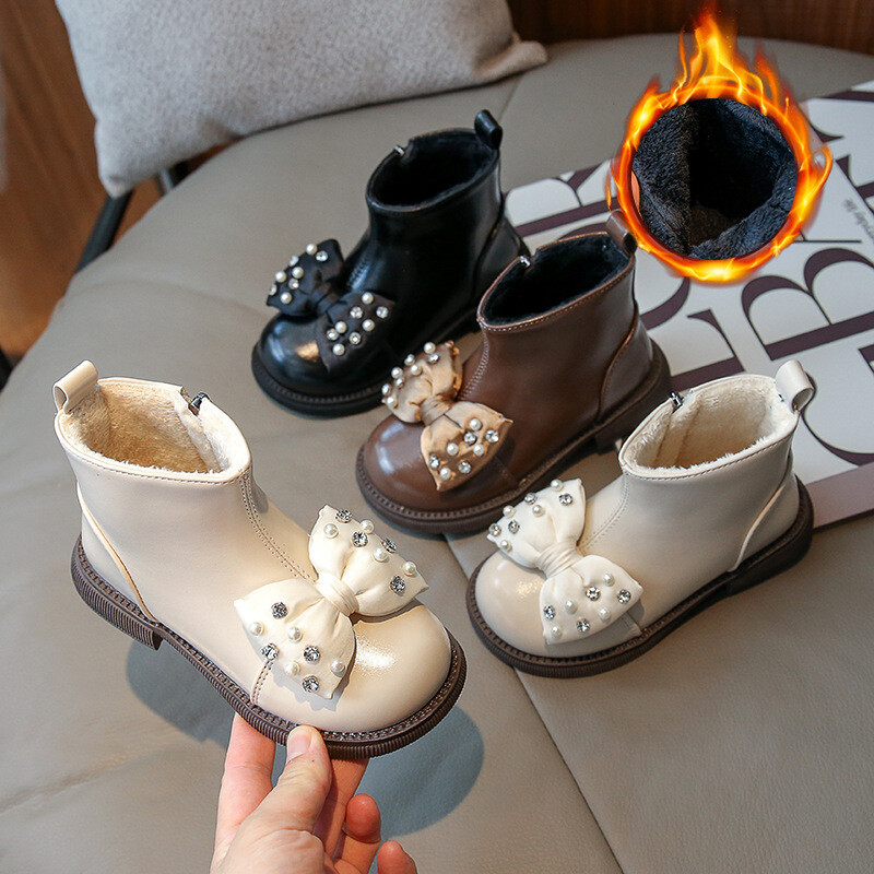 Ziemas plīša ādas zābaki Bow Rhinestone modes bērnu apavi Mīksta zole Princeses potītes zābaki Niña meiteņu zābaki