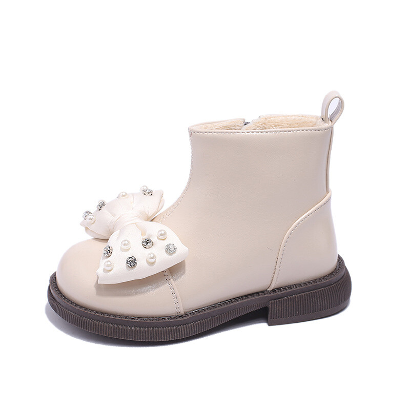 Ziemas plīša ādas zābaki Bow Rhinestone modes bērnu apavi Mīksta zole Princeses potītes zābaki Niña meiteņu zābaki