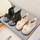 Luksusa meiteņu zābaki Ziemas pērļoti mirdzoši lente, flīsa bērnu īsi zābaki, melni smilškrāsas rāvējslēdzējs Eleganti bērnu apavi 23-36