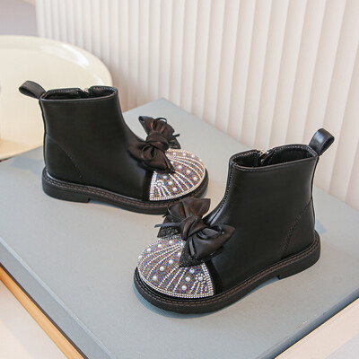 Luksusa meiteņu zābaki Ziemas pērļoti mirdzoši lente, flīsa bērnu īsi zābaki, melni smilškrāsas rāvējslēdzējs Eleganti bērnu apavi 23-36