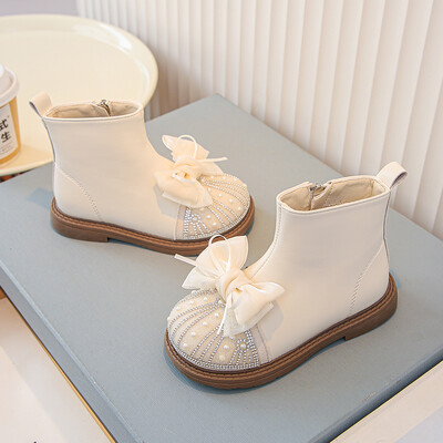 Luksusa meiteņu zābaki Ziemas pērļoti mirdzoši lente, flīsa bērnu īsi zābaki, melni smilškrāsas rāvējslēdzējs Eleganti bērnu apavi 23-36