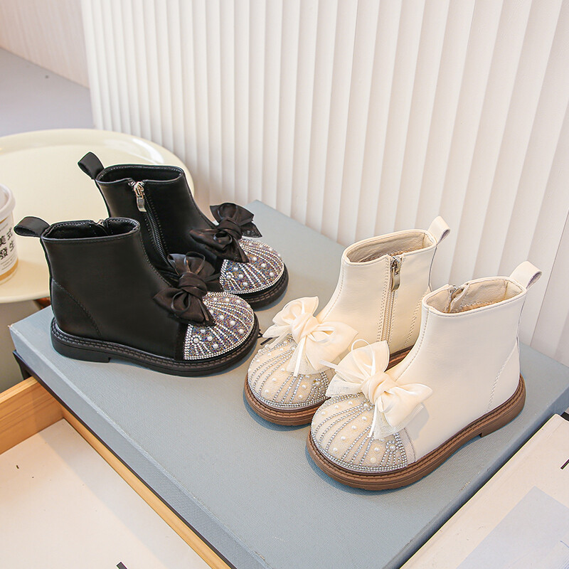 Luksusa meiteņu zābaki Ziemas pērļoti mirdzoši lente, flīsa bērnu īsi zābaki, melni smilškrāsas rāvējslēdzējs Eleganti bērnu apavi 23-36