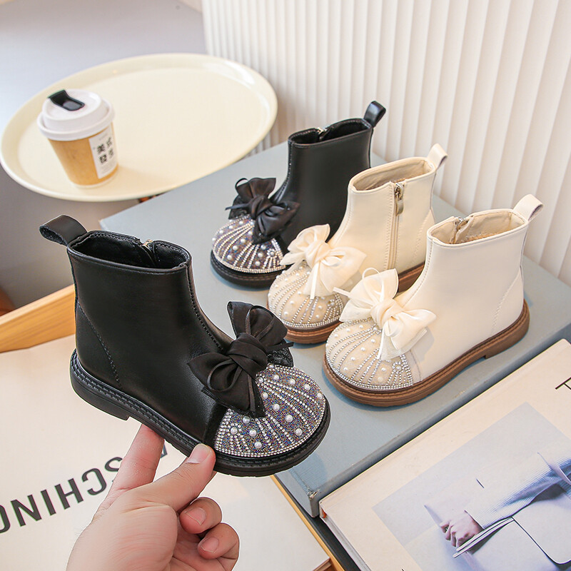 Luksusa meiteņu zābaki Ziemas pērļoti mirdzoši lente, flīsa bērnu īsi zābaki, melni smilškrāsas rāvējslēdzējs Eleganti bērnu apavi 23-36