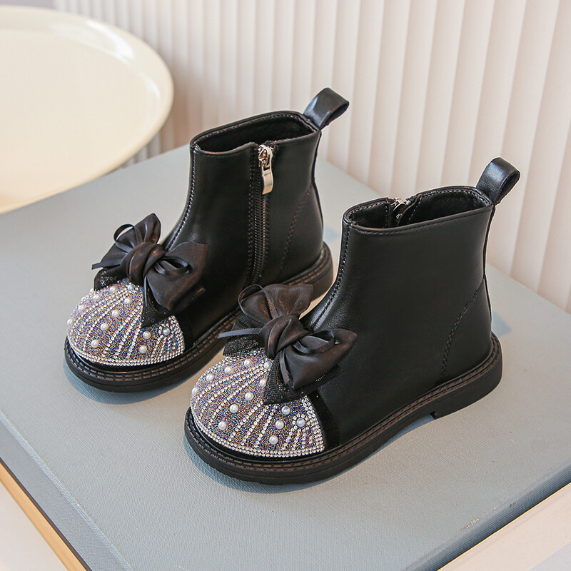 Luksusa meiteņu zābaki Ziemas pērļoti mirdzoši lente, flīsa bērnu īsi zābaki, melni smilškrāsas rāvējslēdzējs Eleganti bērnu apavi 23-36