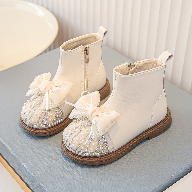 Luksusa meiteņu zābaki Ziemas pērļoti mirdzoši lente, flīsa bērnu īsi zābaki, melni smilškrāsas rāvējslēdzējs Eleganti bērnu apavi 23-36