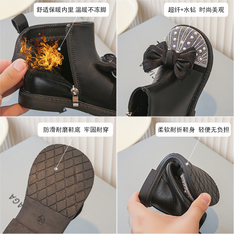 Luksusa meiteņu zābaki Ziemas pērļoti mirdzoši lente, flīsa bērnu īsi zābaki, melni smilškrāsas rāvējslēdzējs Eleganti bērnu apavi 23-36