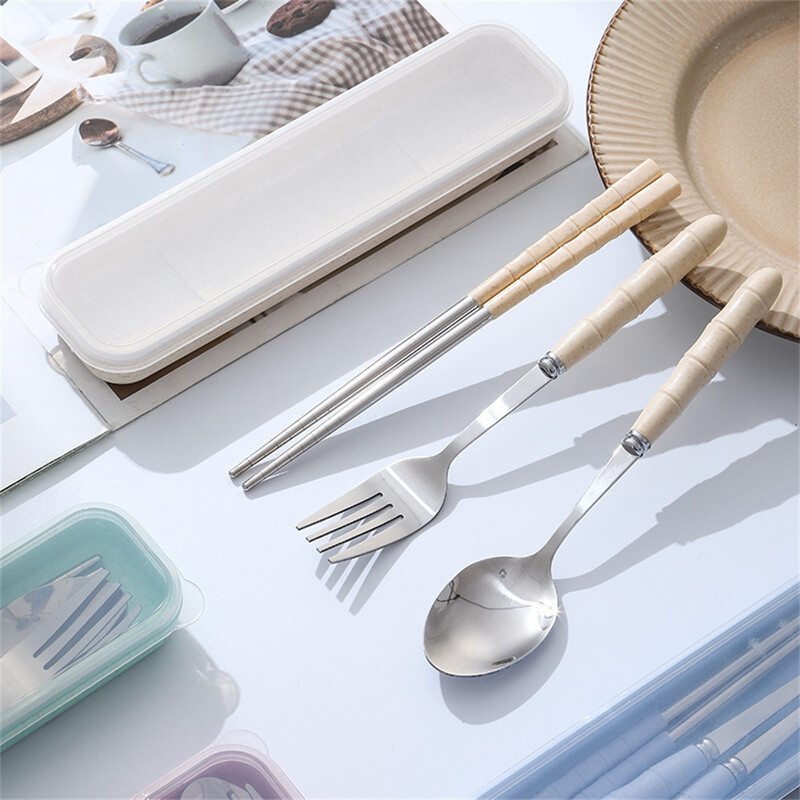 Nerūsējošā tērauda pārnēsājamais galda piederumu komplekts Uzglabāšanas kaste Studentu irbulīši Box Ceļojumu dakša Karote Irbulīši Trauku organizatora tvertne