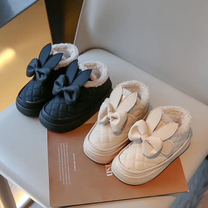 Cizme cu urechi de iepure pentru fete Cizme de iarnă în carouri elegante Pantofi de iarnă din blană caldă pentru fată Fundă Cizme frumoase de zăpadă pentru bebeluși Încălțăminte pentru copii G10313