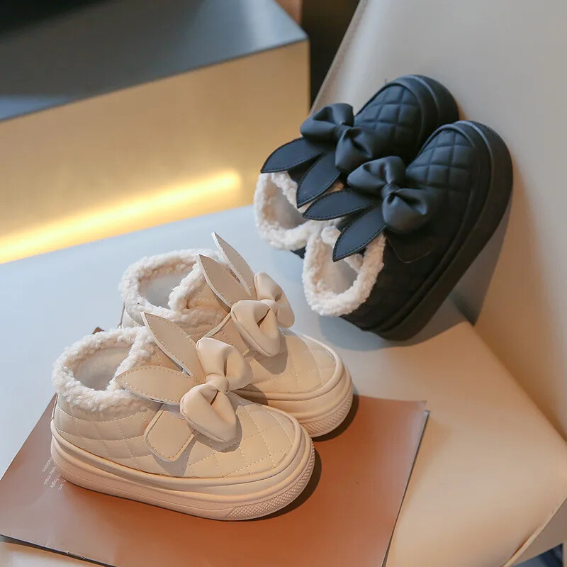 Cizme cu urechi de iepure pentru fete Cizme de iarnă în carouri elegante Pantofi de iarnă din blană caldă pentru fată Fundă Cizme frumoase de zăpadă pentru bebeluși Încălțăminte pentru copii G10313