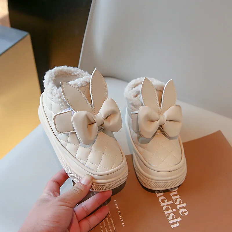 Cizme cu urechi de iepure pentru fete Cizme de iarnă în carouri elegante Pantofi de iarnă din blană caldă pentru fată Fundă Cizme frumoase de zăpadă pentru bebeluși Încălțăminte pentru copii G10313