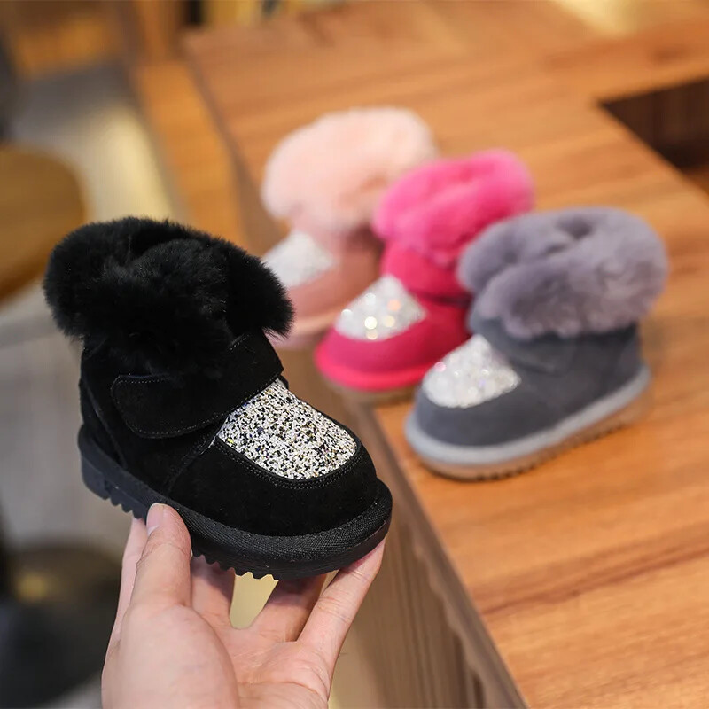 Cizme pentru fetiță Cizme de zăpadă pentru copil mic, iarnă, caldă de pluș, pantofi din bumbac pentru copii, pantofi de exterior anti-alunecare SOH028