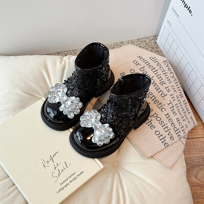 Rudens meiteņu zābaki, vizuļi Diamante Black Sliver Moderni, īsi, lakādas zābaki bērniem, lakādas rāvējslēdzējs Luksusa bērnu apavi