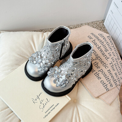 Rudens meiteņu zābaki, vizuļi Diamante Black Sliver Moderni, īsi, lakādas zābaki bērniem, lakādas rāvējslēdzējs Luksusa bērnu apavi