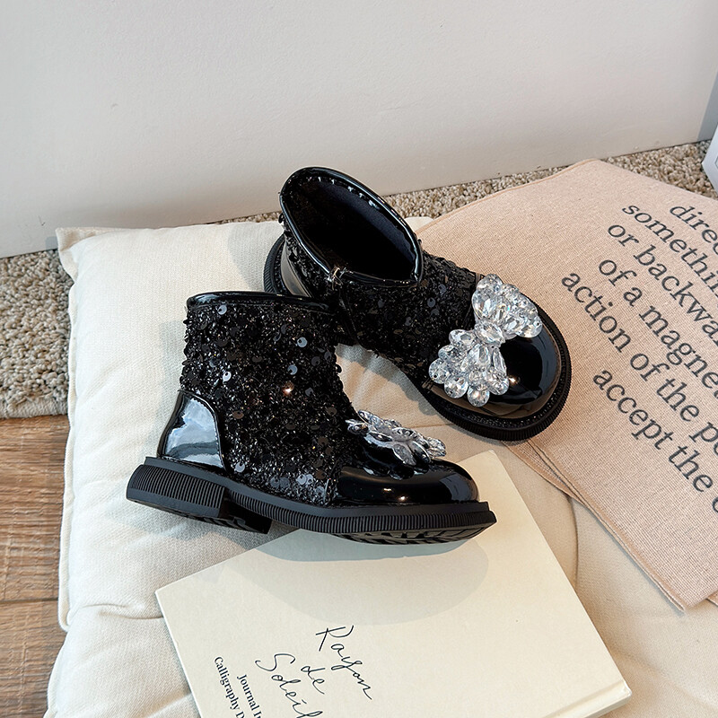 Φθινοπωρινές μπότες για κορίτσια με παγιέτες Diamante Black Sliver Trendy Παιδική κοντή μπότα λουστρίνι με φερμουάρ στη μέση της γάμπας Luxury παιδικά παπούτσια