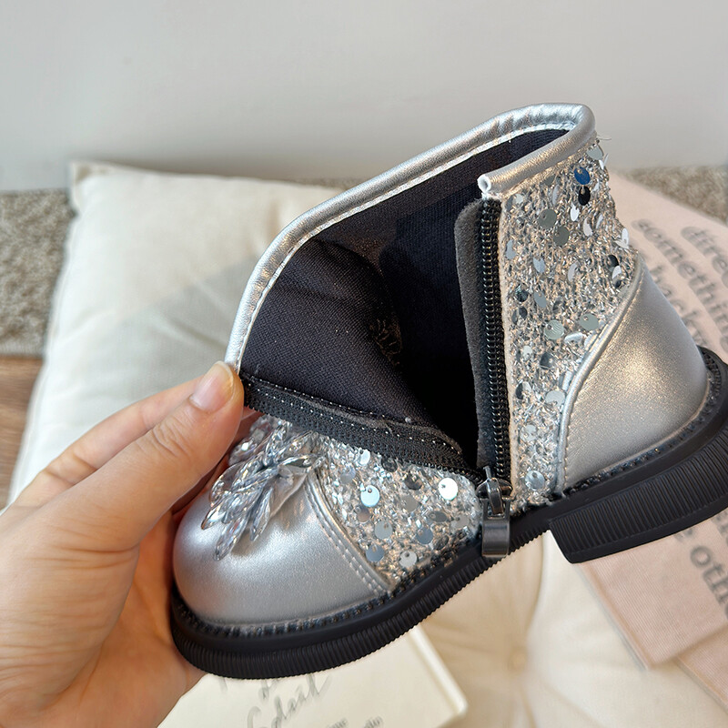 Φθινοπωρινές μπότες για κορίτσια με παγιέτες Diamante Black Sliver Trendy Παιδική κοντή μπότα λουστρίνι με φερμουάρ στη μέση της γάμπας Luxury παιδικά παπούτσια