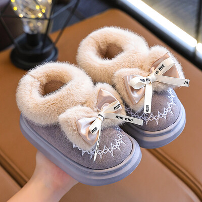 Divat téli pakolás sarkú cipő csúszásmentes puha masni dekor Bolyhos papucs Gyerek Lányoknak Gyerekek Beltéri Meleg Otthon Pamut párnázott Cipők