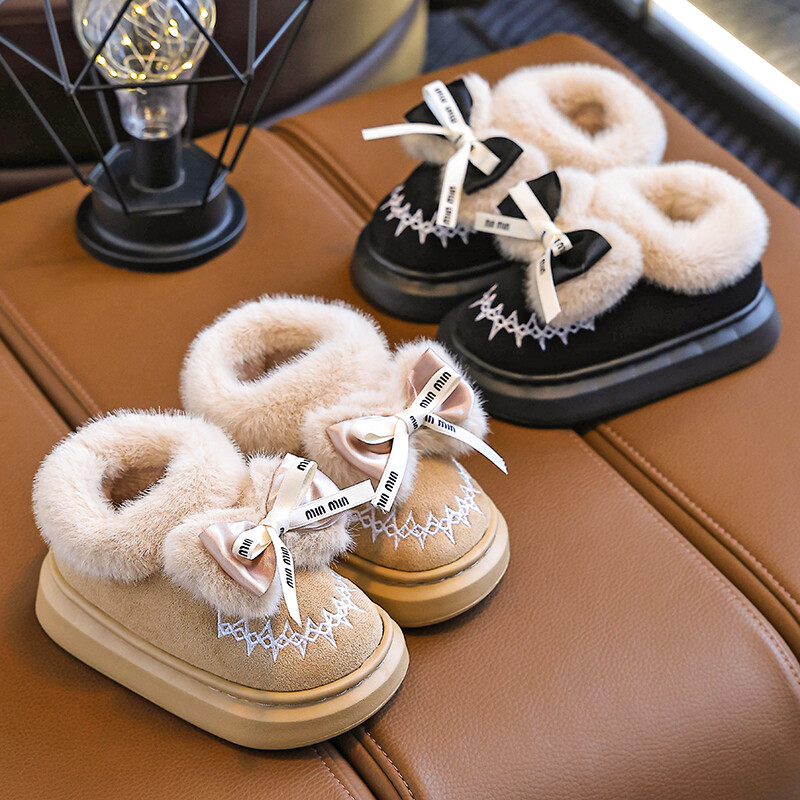 Divat téli pakolás sarkú cipő csúszásmentes puha masni dekor Bolyhos papucs Gyerek Lányoknak Gyerekek Beltéri Meleg Otthon Pamut párnázott Cipők