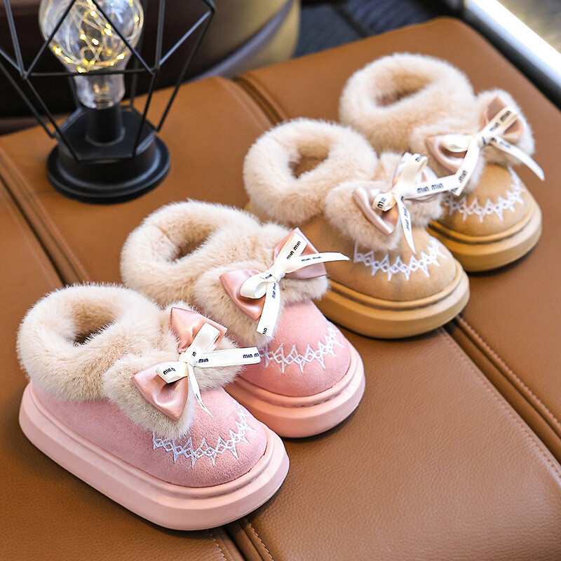 Divat téli pakolás sarkú cipő csúszásmentes puha masni dekor Bolyhos papucs Gyerek Lányoknak Gyerekek Beltéri Meleg Otthon Pamut párnázott Cipők