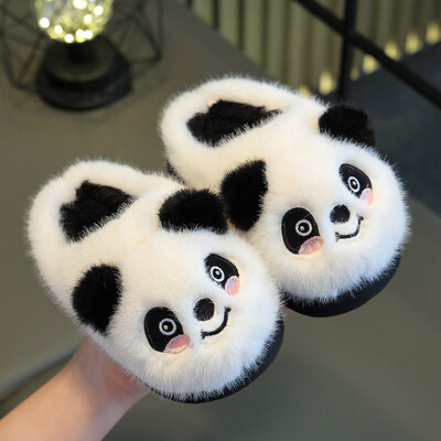 Нови зимни топли сладки карикатури Panda Indoor Mule Меки неплъзгащи се детски пухкави чехли за момчета и момичета Детски домашни памучни обувки