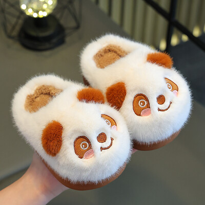 Нови зимни топли сладки карикатури Panda Indoor Mule Меки неплъзгащи се детски пухкави чехли за момчета и момичета Детски домашни памучни обувки