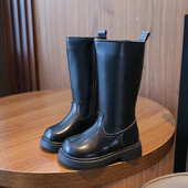 Melni meiteņu zābaki ar plakaniem papēžiem un rāvējslēdzējiem augstos sānos, pavasara un rudens TPR meiteņu modes zābaki, izmēri 22-31 Zapatillas Mujer