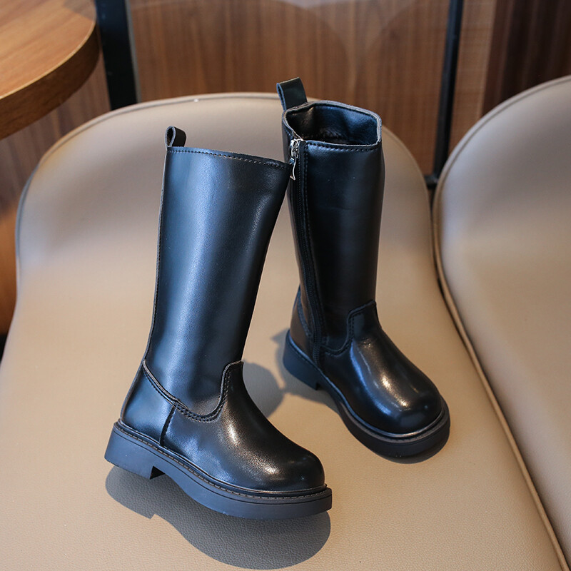 Melni meiteņu zābaki ar plakaniem papēžiem un rāvējslēdzējiem augstos sānos, pavasara un rudens TPR meiteņu modes zābaki, izmēri 22-31 Zapatillas Mujer