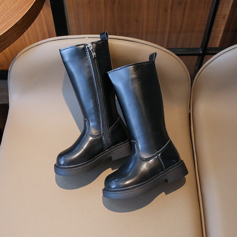 Melni meiteņu zābaki ar plakaniem papēžiem un rāvējslēdzējiem augstos sānos, pavasara un rudens TPR meiteņu modes zābaki, izmēri 22-31 Zapatillas Mujer