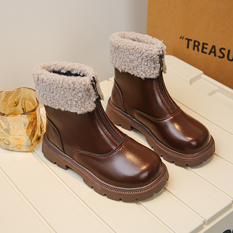 Παιδικές χειμερινές μπότες μονόχρωμες Πλατφόρμα με φερμουάρ μπροστά Παιδικές μπότες Μόδα στη μέση της γάμπας 26-36 Μαύρα καφέ Unisex αγόρια παπούτσια για κορίτσια