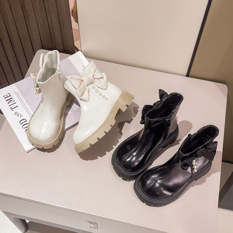 Φθινοπωρινές μπότες για κορίτσια με μαργαριταρένιο παπιγιόν χοντρό φερμουάρ Παιδική κοντή μπότα Pu δερμάτινη κομψή γλυκιά μαύρη μπεζ παιδική μπότα