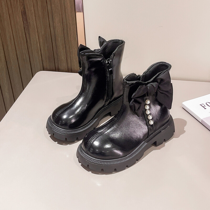 Φθινοπωρινές μπότες για κορίτσια με μαργαριταρένιο παπιγιόν χοντρό φερμουάρ Παιδική κοντή μπότα Pu δερμάτινη κομψή γλυκιά μαύρη μπεζ παιδική μπότα