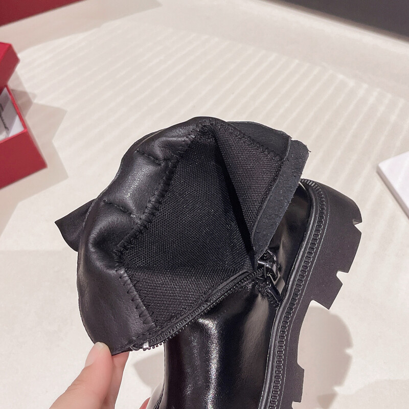 Φθινοπωρινές μπότες για κορίτσια με μαργαριταρένιο παπιγιόν χοντρό φερμουάρ Παιδική κοντή μπότα Pu δερμάτινη κομψή γλυκιά μαύρη μπεζ παιδική μπότα