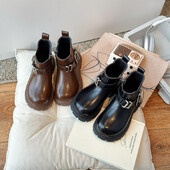 Rudens meiteņu zābaki Sprādze Melns brūns Rāvējslēdzējs Platforma Ikdienas bērniem Īsi Zābaki līdz iekļa vidum Skaisti Pu ādas ērti bērnu apavi