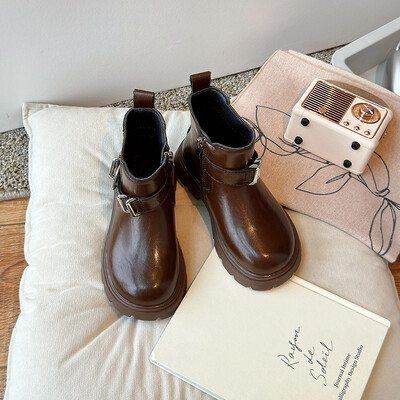 Rudens meiteņu zābaki Sprādze Melns brūns Rāvējslēdzējs Platforma Ikdienas bērniem Īsi Zābaki līdz iekļa vidum Skaisti Pu ādas ērti bērnu apavi