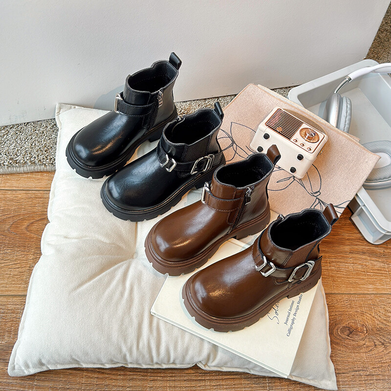 Rudens meiteņu zābaki Sprādze Melns brūns Rāvējslēdzējs Platforma Ikdienas bērniem Īsi Zābaki līdz iekļa vidum Skaisti Pu ādas ērti bērnu apavi